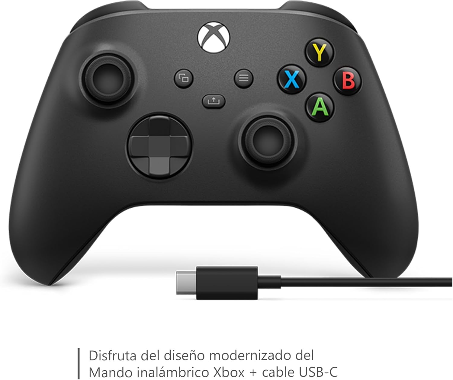 Showcases the design and button layout of the Xbox controller, highlighting the included USB-C cable for connectivity.