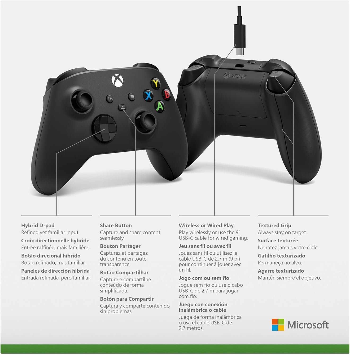 Highlights key features and connectivity options of the Xbox controller to inform potential buyers about its capabilities and design.