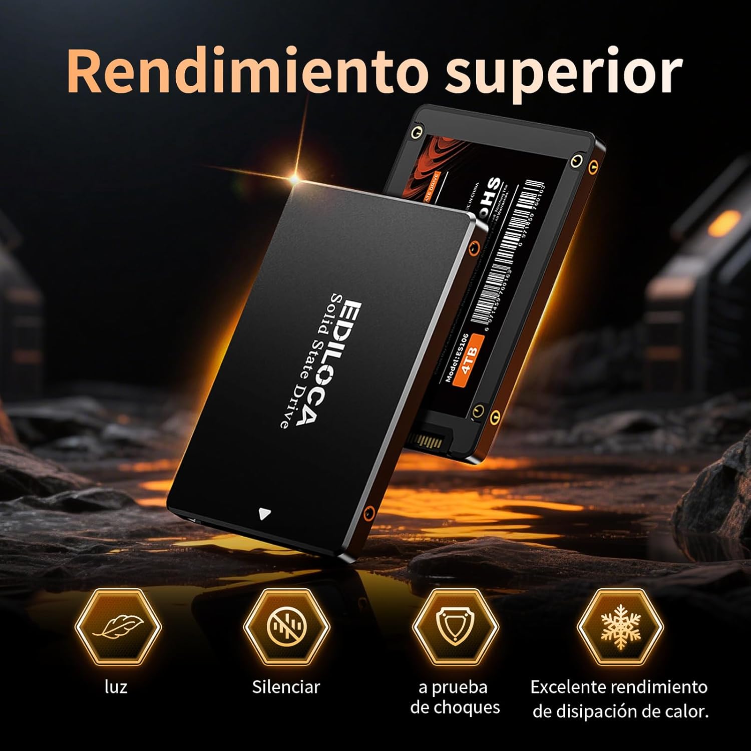 Highlights multiple key features of the SSD to demonstrate its superior performance and reliability compared to standard drives.
