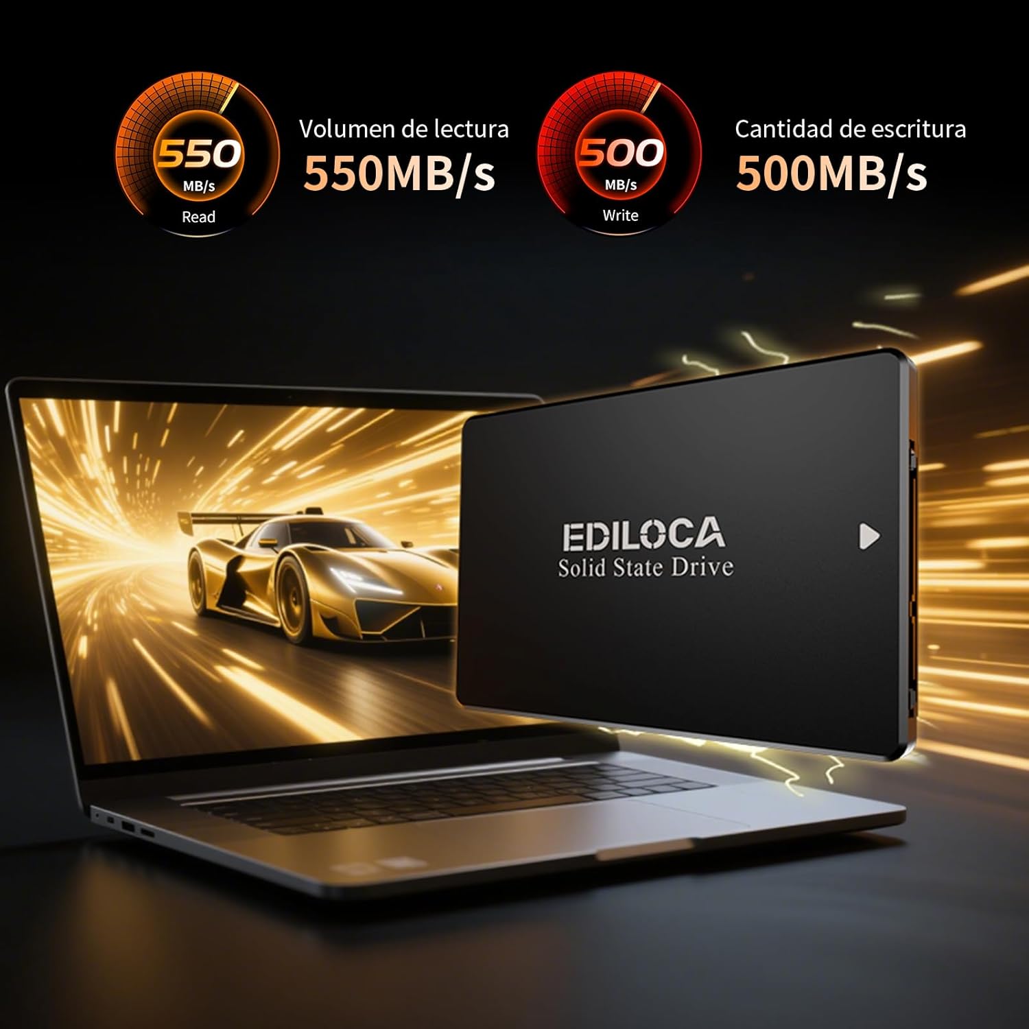 Highlights the fast read and write speeds of the SSD to demonstrate its high performance. Showcases the SSD's fast read/write speeds and its solid state technology to appeal to performance-focused…