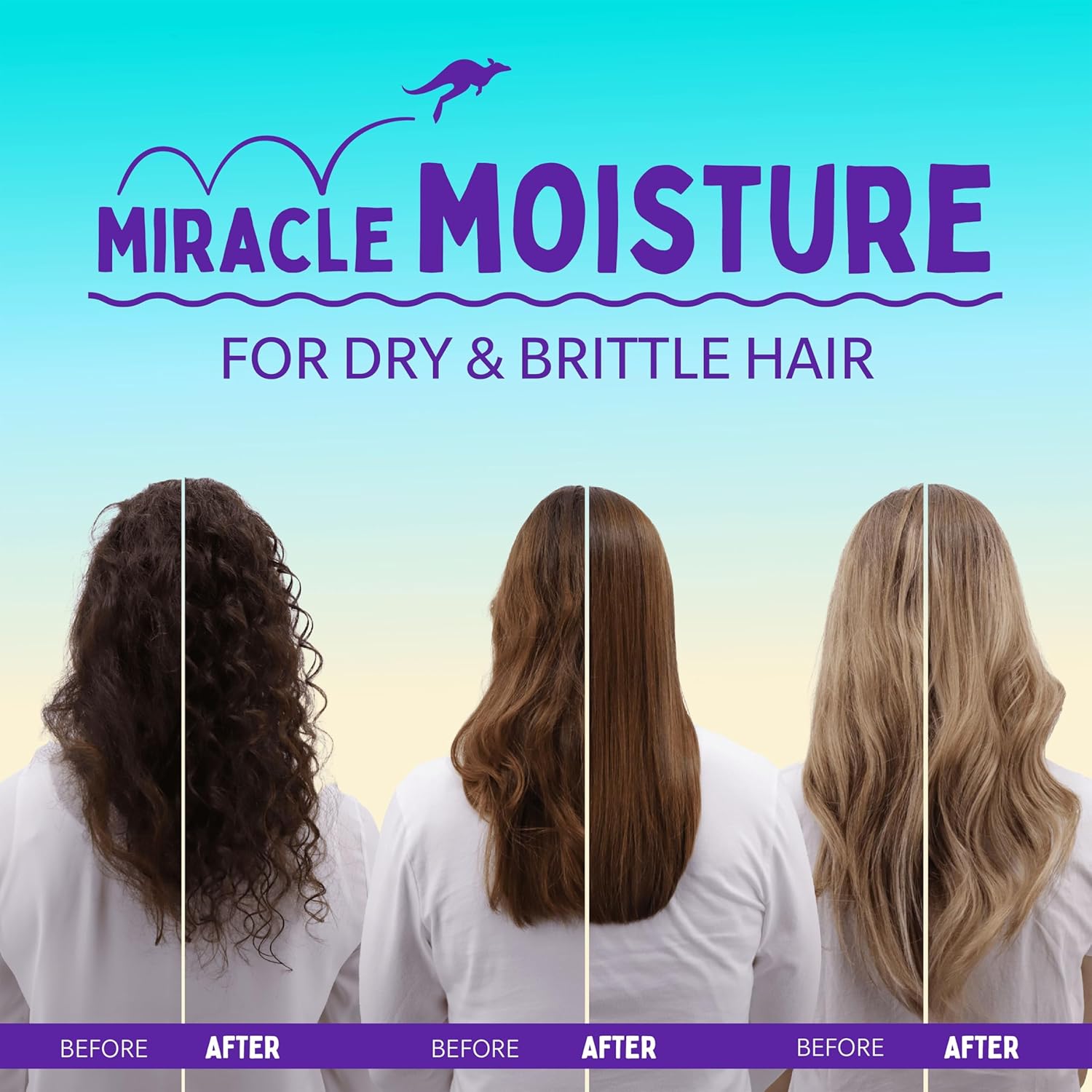 Demonstrates the transformative effects of the product on dry and brittle hair across different hair types.