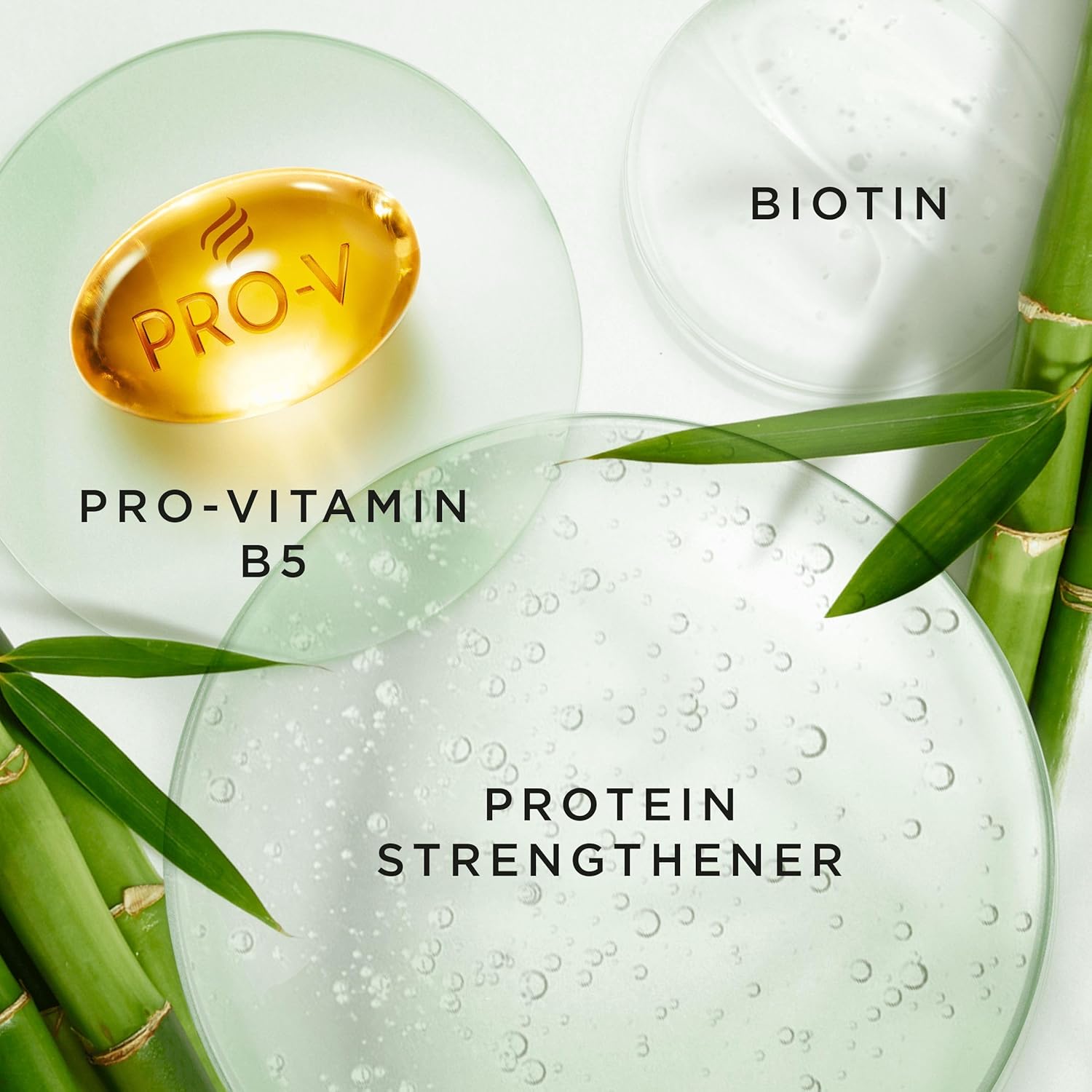 Highlights multiple key ingredients that strengthen and nourish hair, communicating the product's comprehensive hair care benefits.