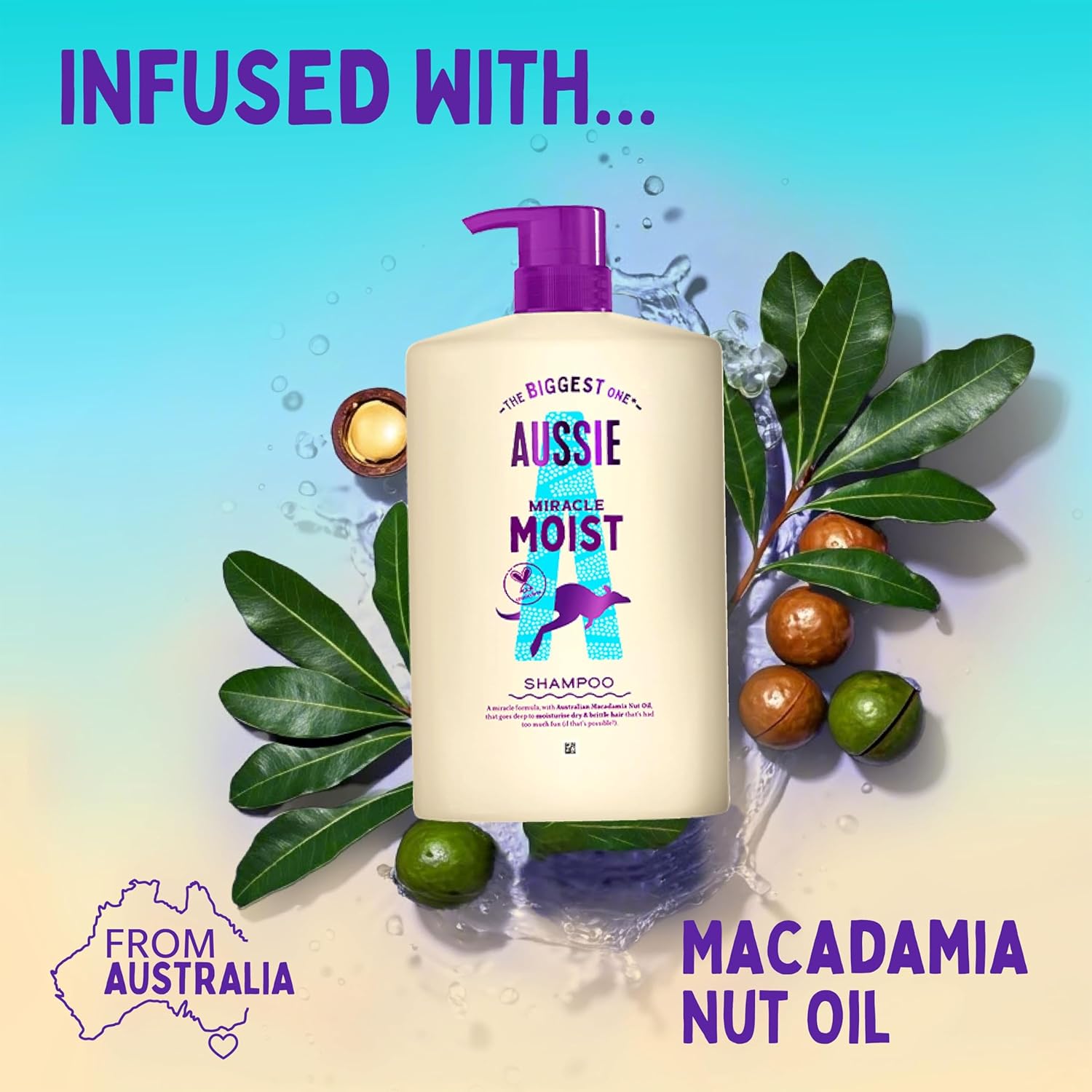 Highlights the product's key ingredient (macadamia nut oil) to communicate moisturizing benefits for hair.