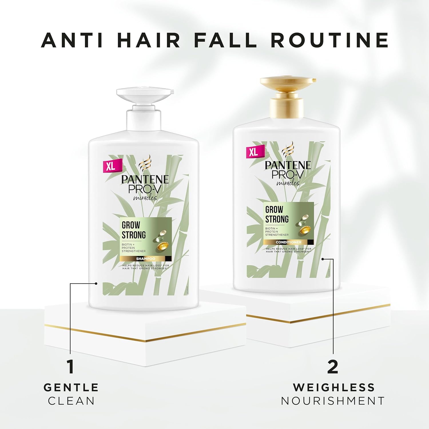 Explains the two-step hair care routine using Pantene Pro-V products to prevent hair fall. Highlights the two key benefits of the shampoo and conditioner: gentle cleaning and weightless nourishment.