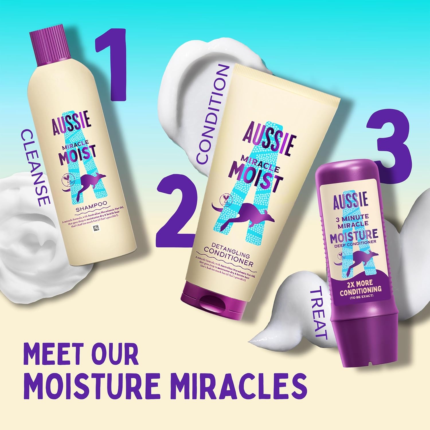 Showcases the complete Aussie Miracle Moist hair care system, highlighting the three-step process for moisturizing hair. Guides customers through the proper order of using the products for optimal…