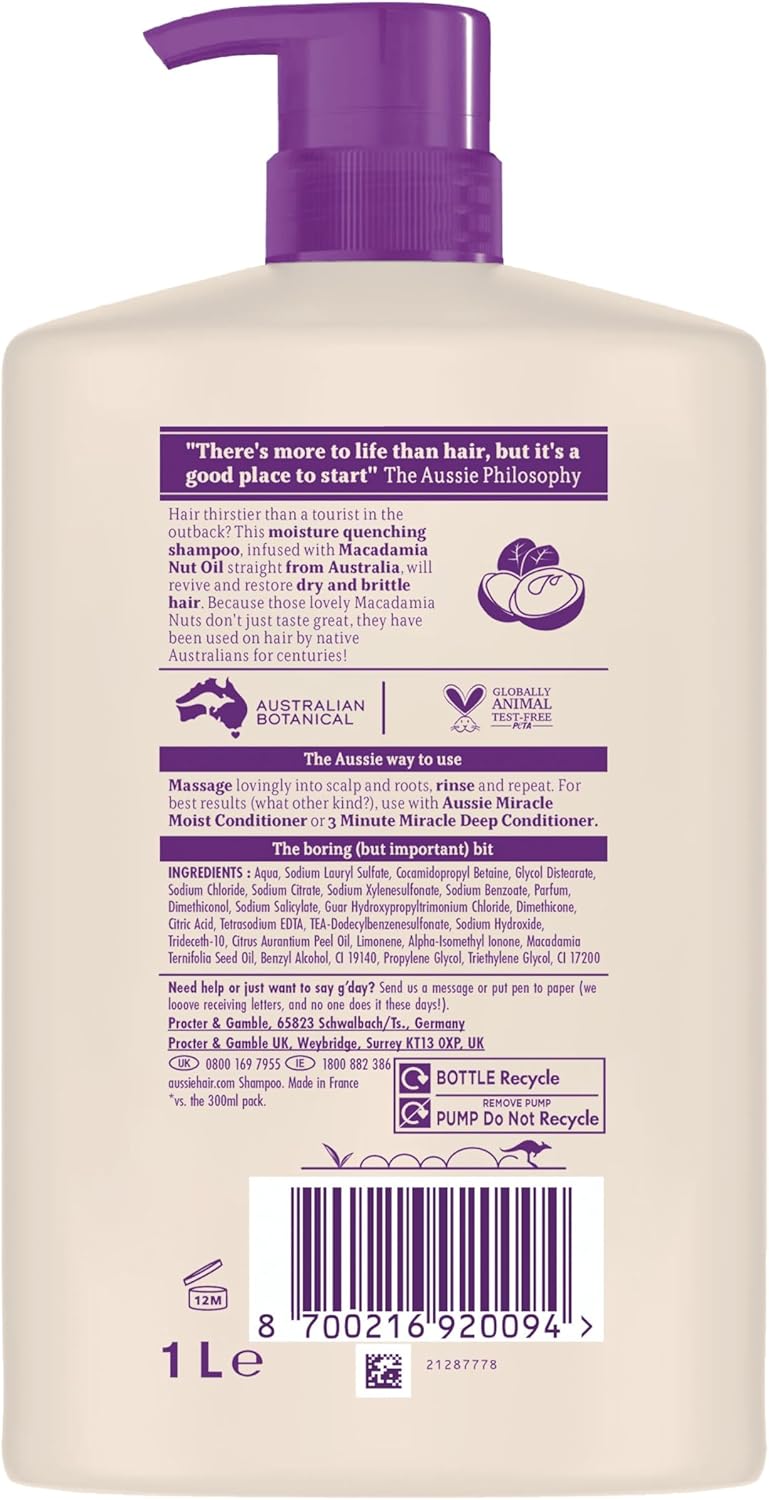 Highlights the shampoo's ability to revive and restore dry and brittle hair using Macadamia Nut Oil from Australia.