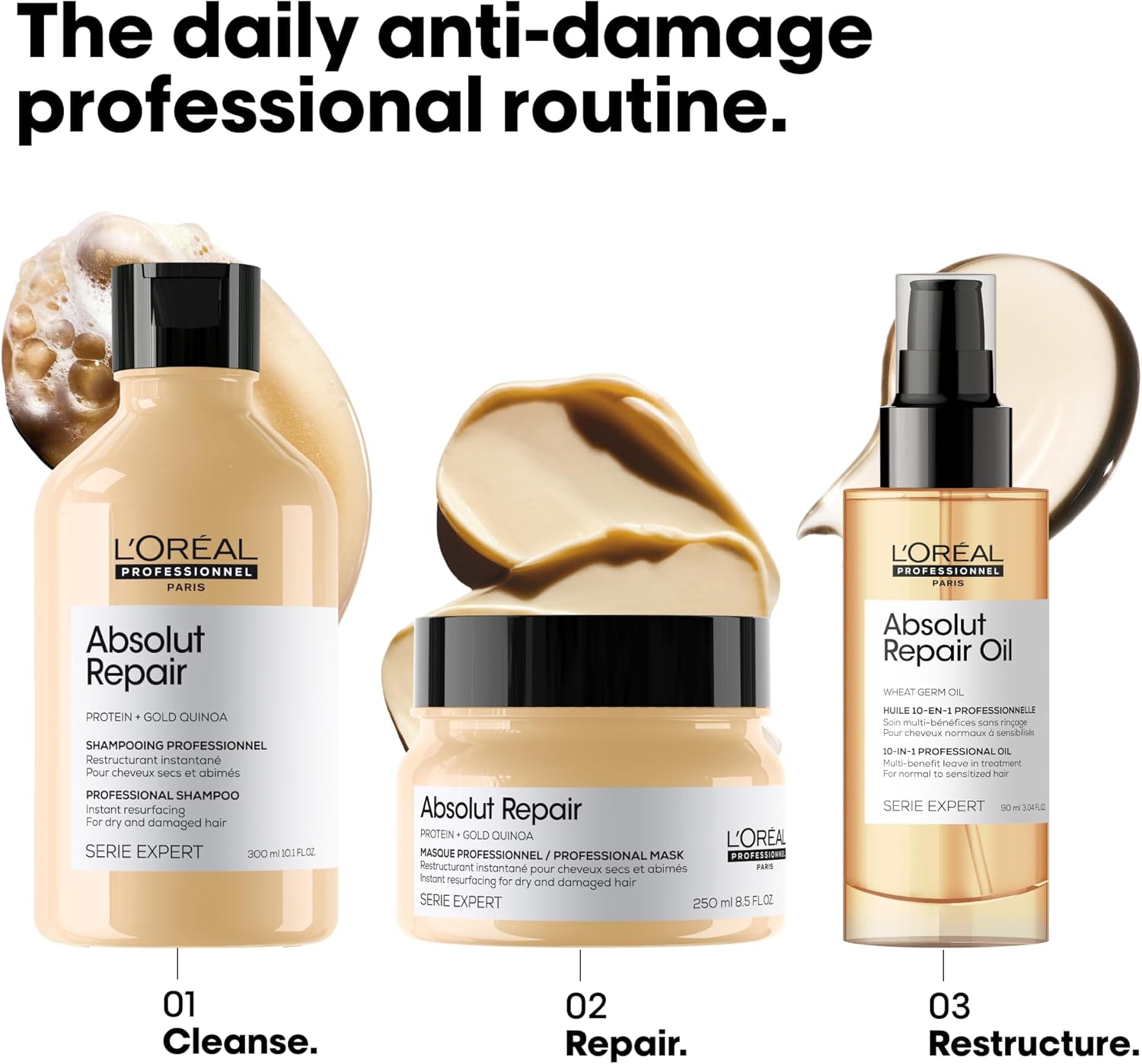 Explains the step-by-step process of using L'Oreal's Absolut Repair product line for damaged hair, showing the order and purpose of each product. Highlights the three main benefits of the product…