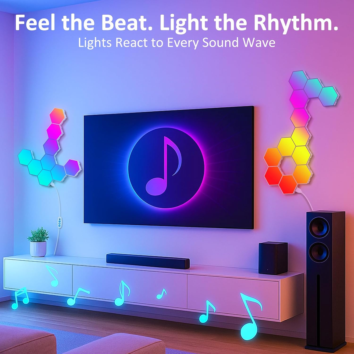 Showcases how the product creates an immersive audio-visual experience by synchronizing lights with music, enhancing the ambiance of a room.