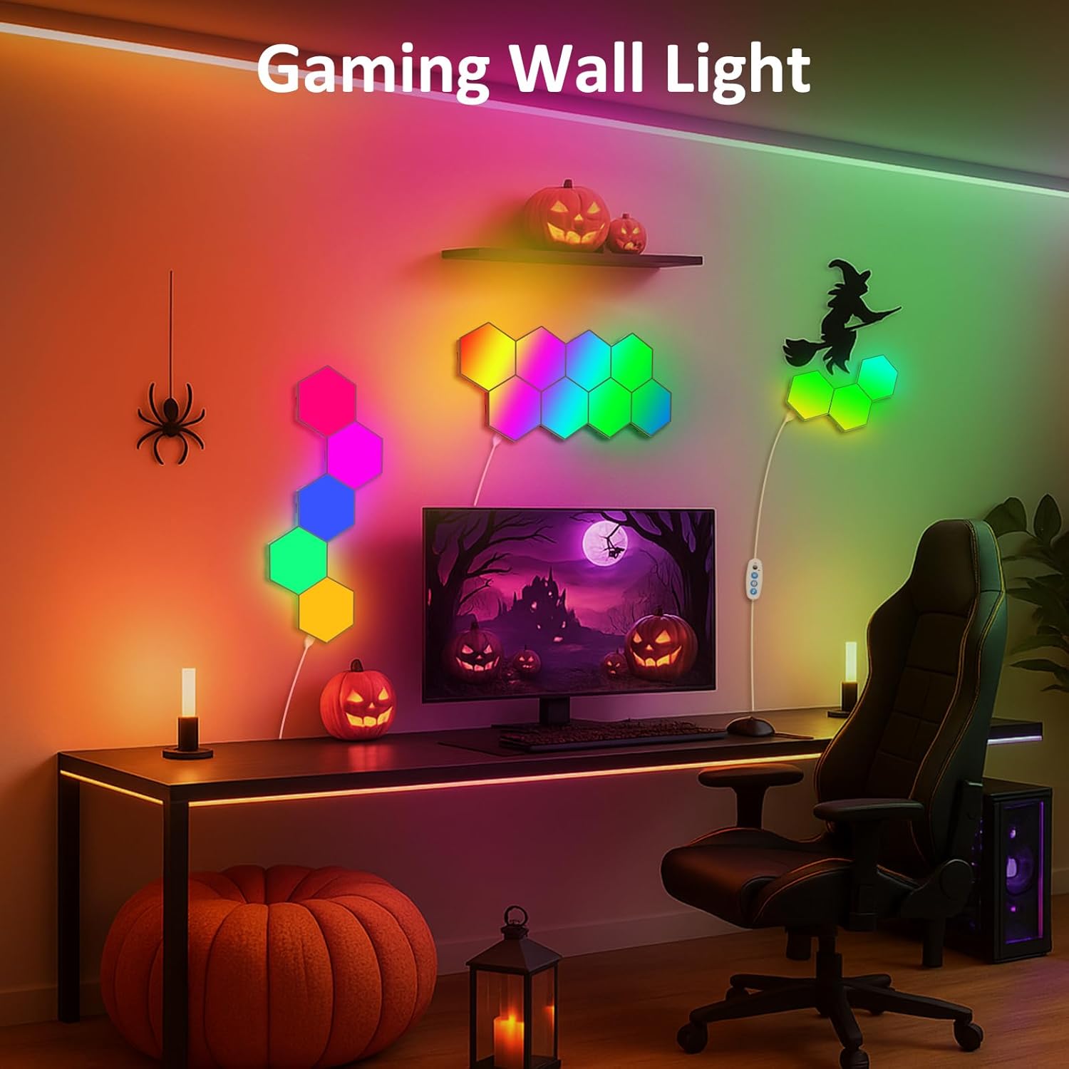 Showcases how the gaming wall light can be used to create a festive Halloween atmosphere in a gaming room. Demonstrates how the wall light can be used to enhance a gaming setup and create an…
