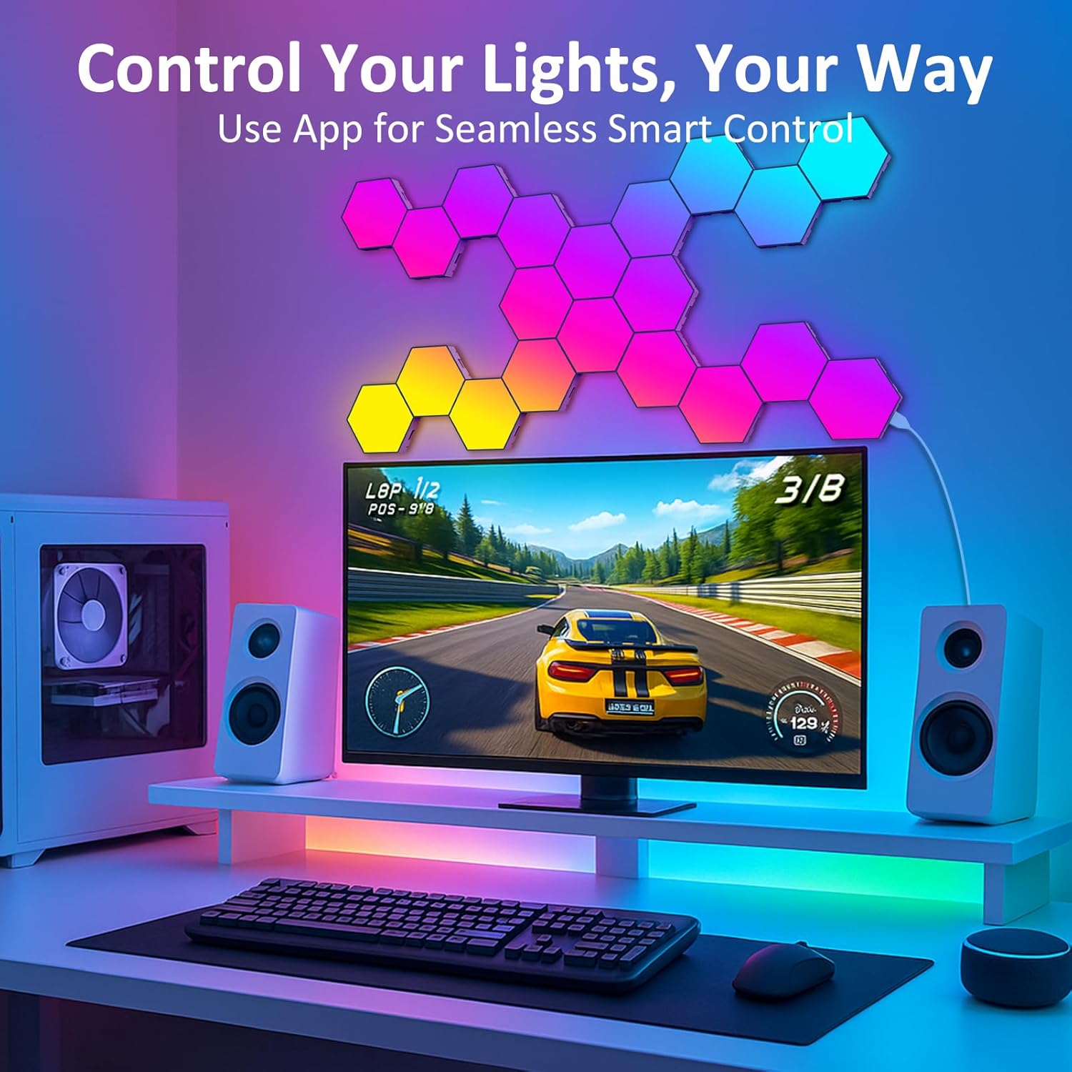 Showcases the product's smart control capabilities and customizable lighting options to appeal to tech-savvy consumers looking for personalized ambiance.