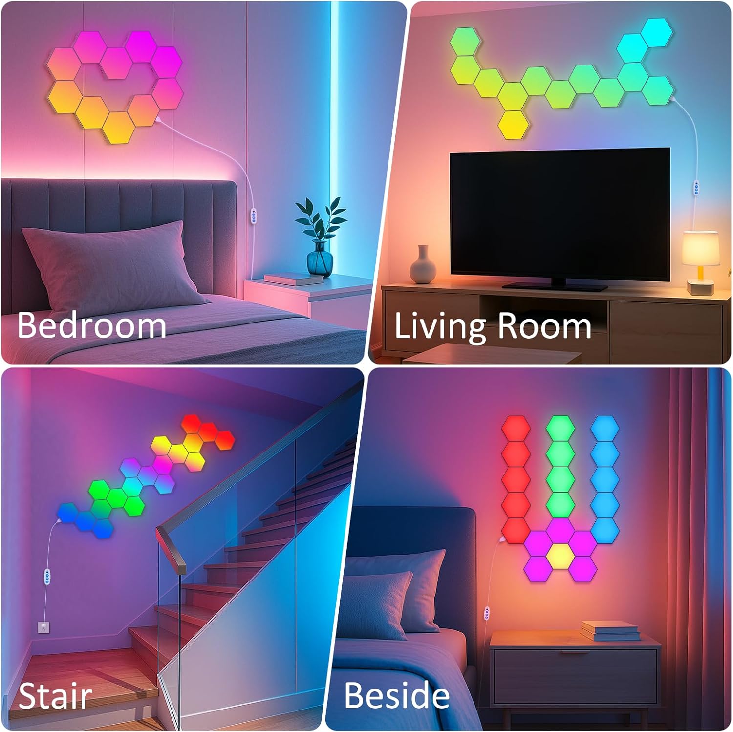 Demonstrates the product's versatility in different home settings, showing how it can be used to create custom lighting designs in various rooms. Highlights the unique hexagonal shape of the lights…