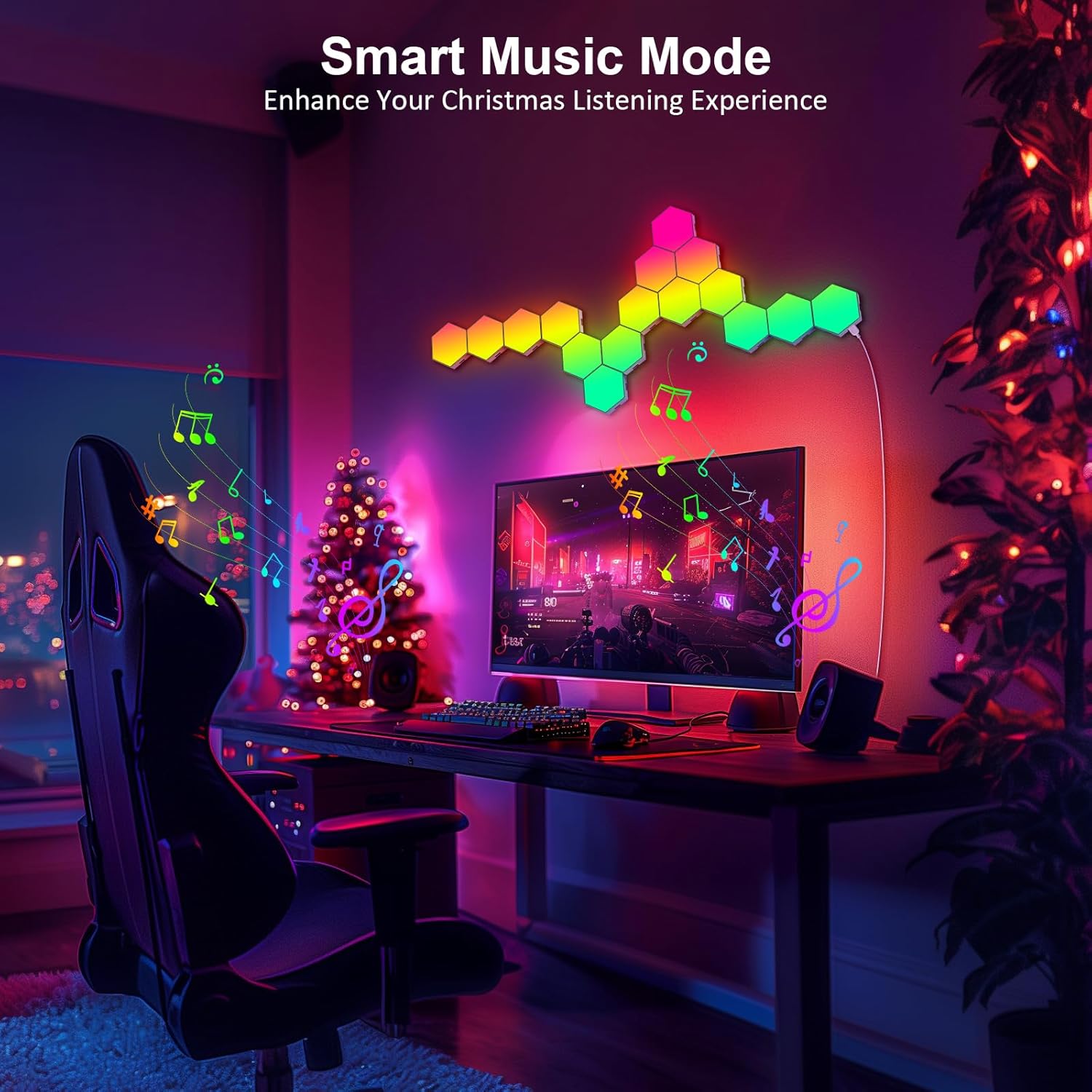Showcases how the product enhances the Christmas listening experience with smart lighting features. Demonstrates the product's versatility in creating an immersive atmosphere for both gaming and…