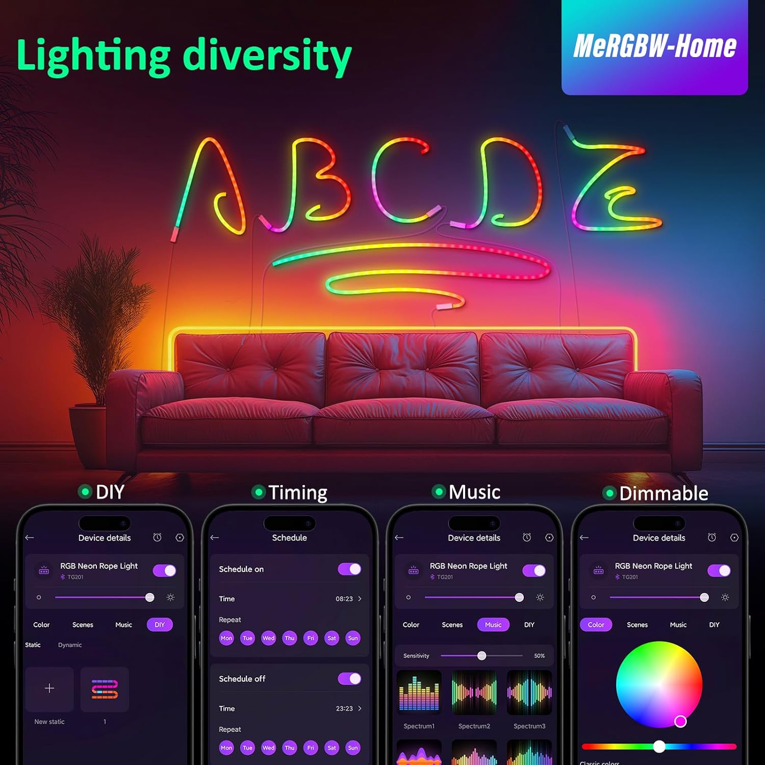 Showcases multiple smart features of the RGB neon rope light, emphasizing its versatility and customization options for home lighting.