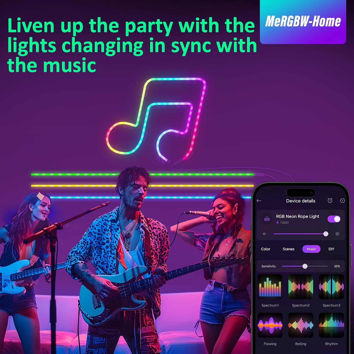 Showcases how the lights can sync with music and be controlled via smartphone app to enhance parties and create an immersive atmosphere.