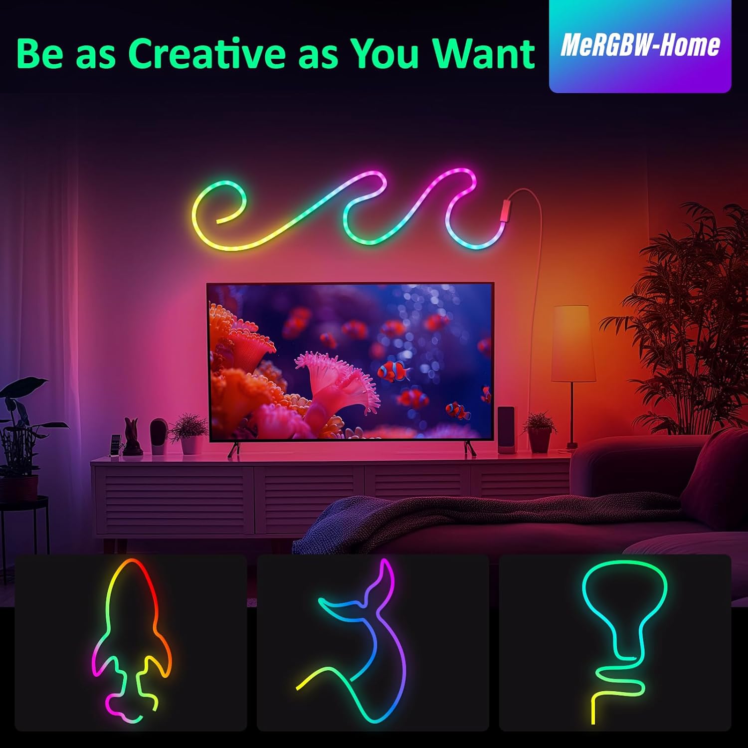 Showcases the product's ability to create customized colorful lighting designs, emphasizing creative freedom for home decor.