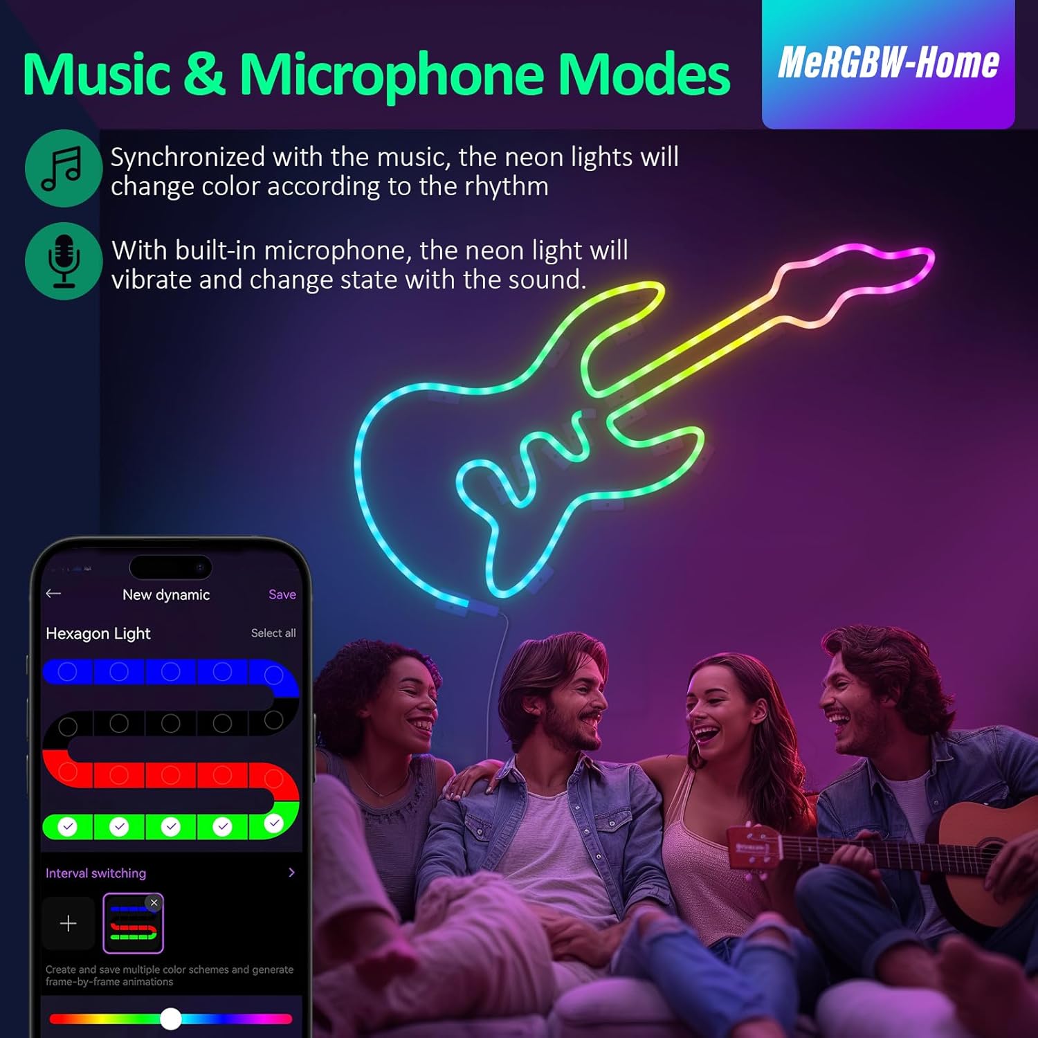 Highlights two key features of the neon light: synchronization with music and sound-reactive lighting via built-in microphone.