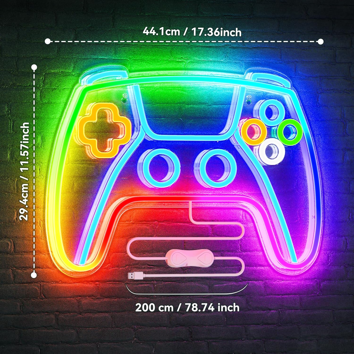 Provides exact dimensions of the neon game controller sign to help customers understand its size and determine if it fits their space. Showcases the vibrant, colorful neon design of the game…