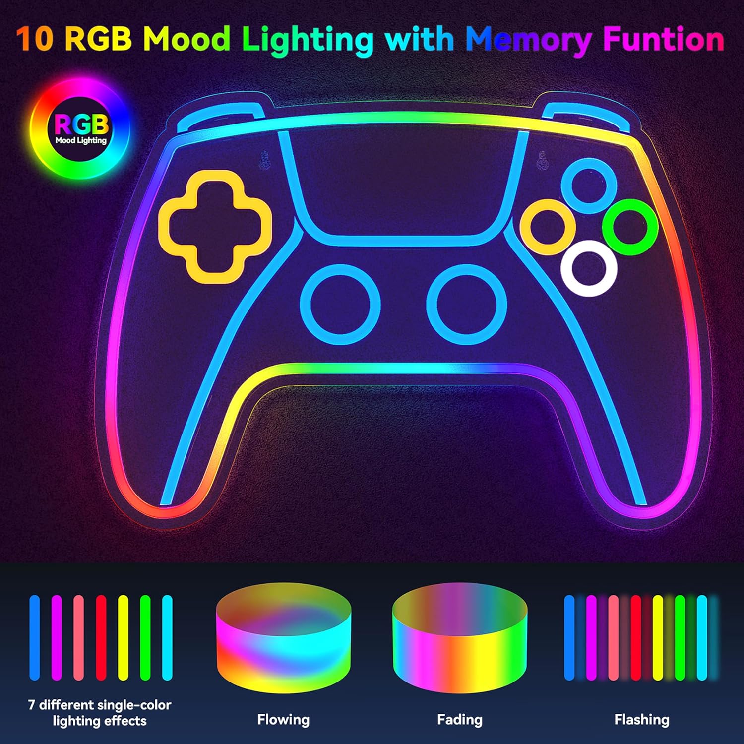 Showcases the product's RGB mood lighting capabilities and various lighting modes to appeal to gamers looking for customizable aesthetics.