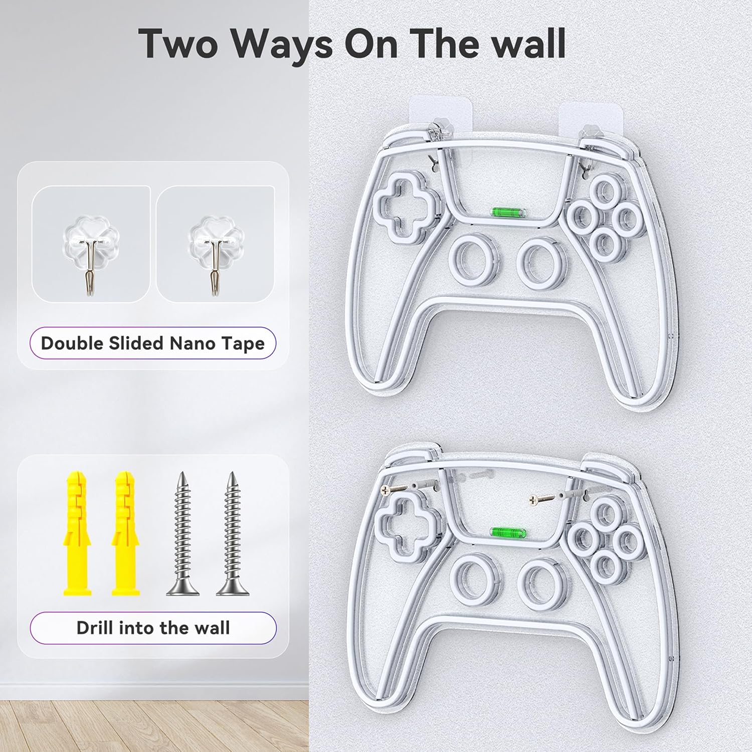 Demonstrates two different methods for mounting a game controller holder to a wall, using either adhesive tape or screws.