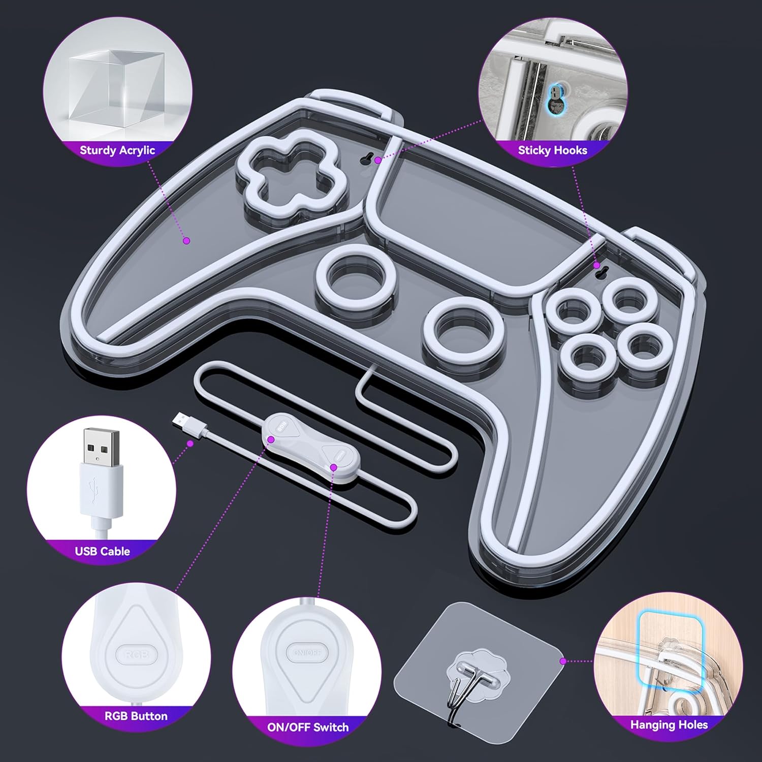 Highlights the different parts and features of the gaming controller LED light, showing its construction and included accessories. Shows all the components and accessories included with the gaming…