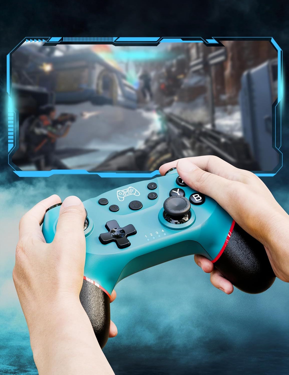 Demonstrates that the gaming controller is compatible with and optimized for first-person shooter games, reassuring gamers about its suitability for their preferred game genre.
