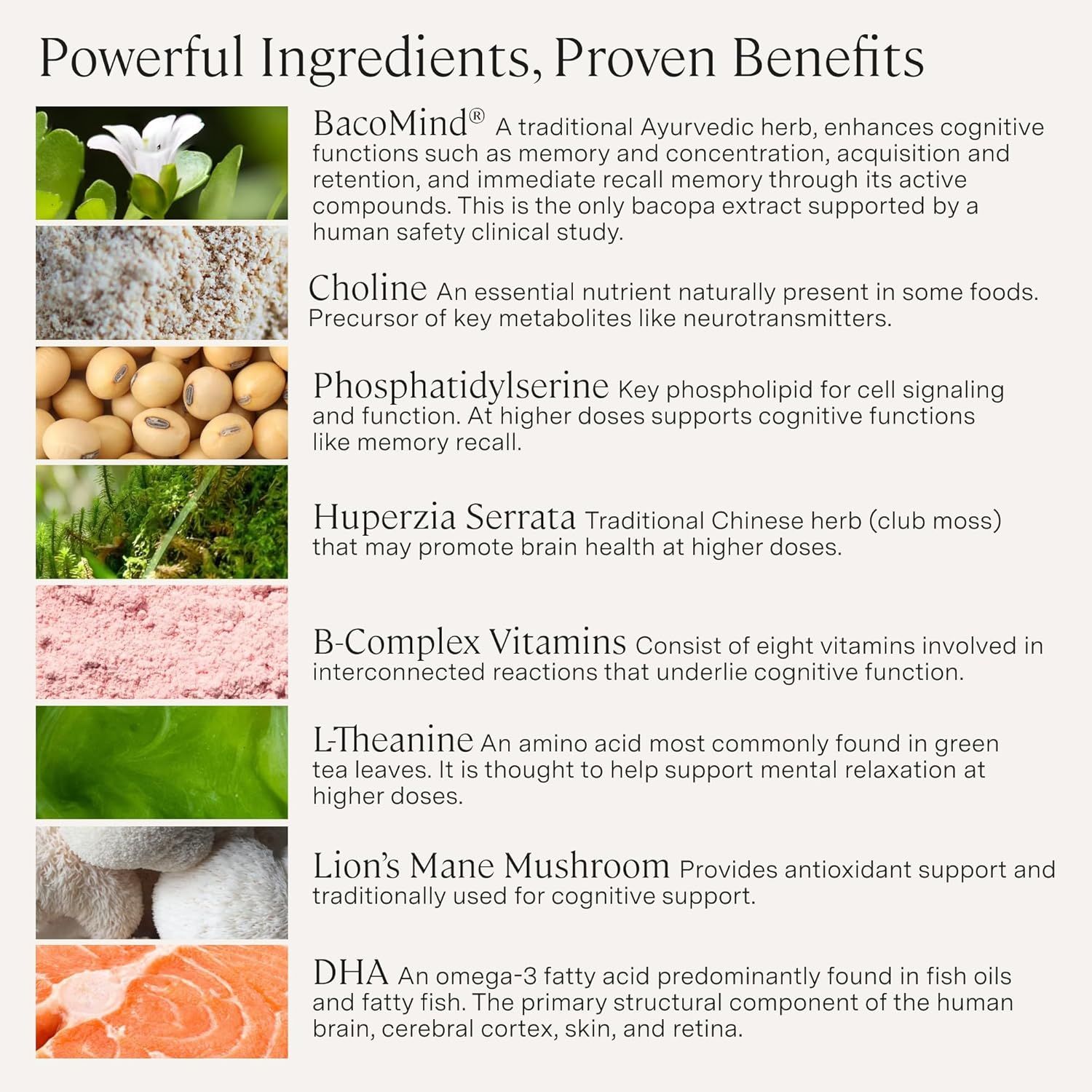 Highlights multiple ingredients and their specific benefits for cognitive function and brain health.