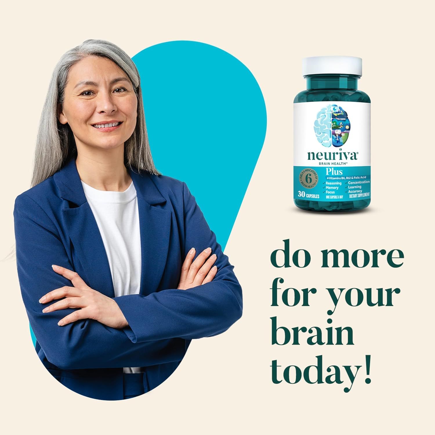 Highlights the multiple benefits of the Neuriva Plus supplement for brain health and cognitive function. Shows a confident, successful-looking professional woman to associate the product with career…
