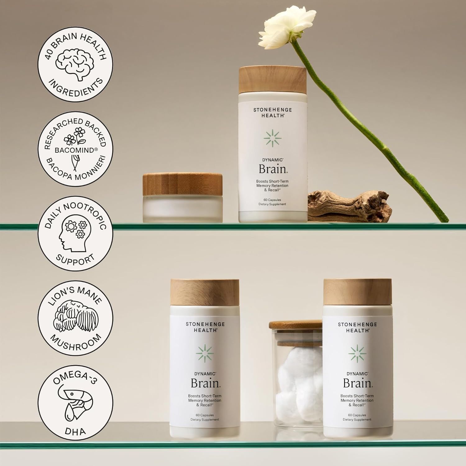 Highlights multiple brain health benefits and ingredients of the supplement to demonstrate its comprehensive approach to cognitive support.