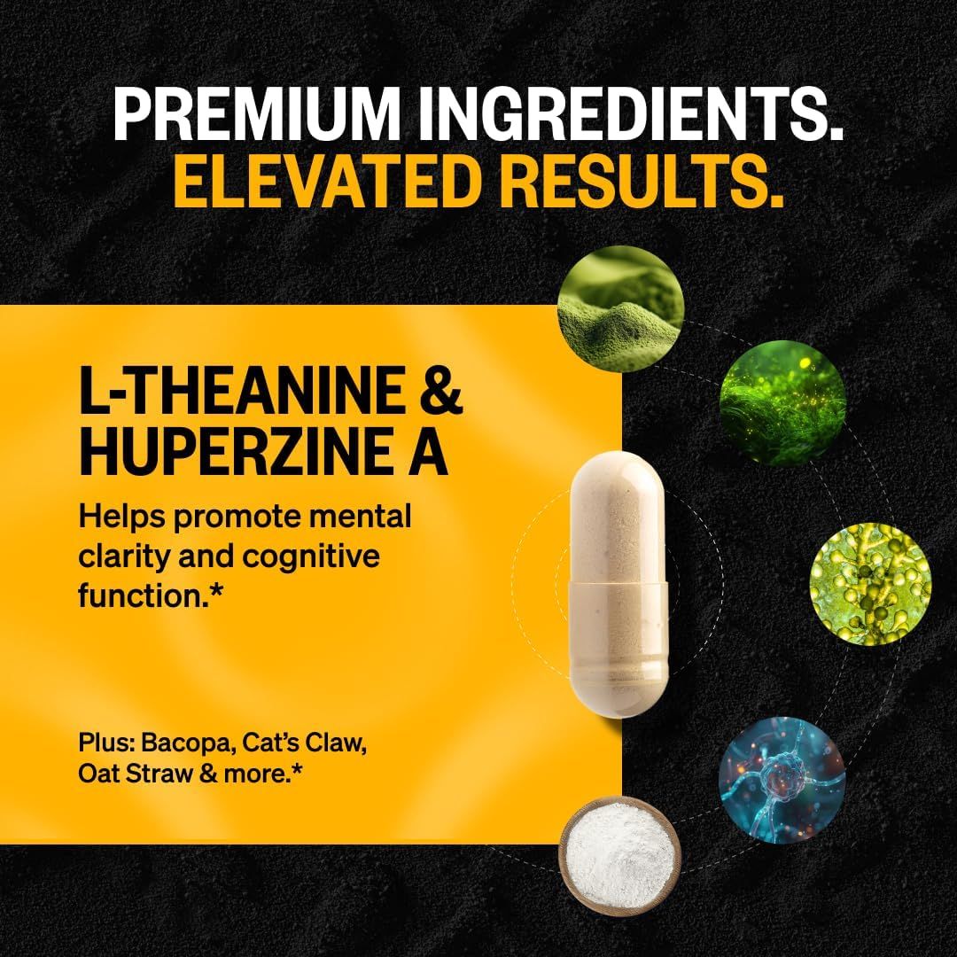 Highlights the product's key ingredients and their benefits for mental performance to convince shoppers of its effectiveness.