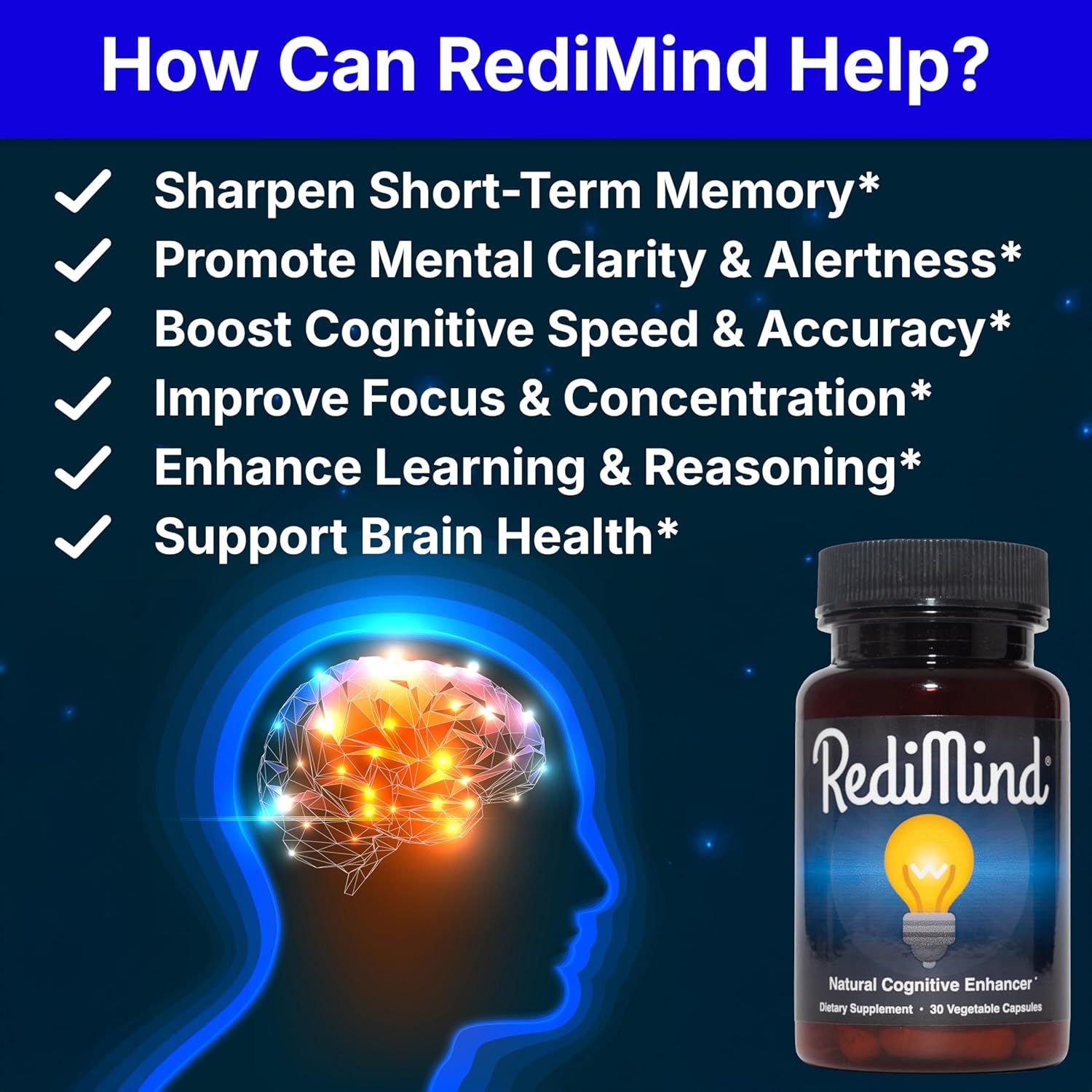 Highlights multiple cognitive benefits of the RediMind supplement to demonstrate its comprehensive effects on brain function and health.