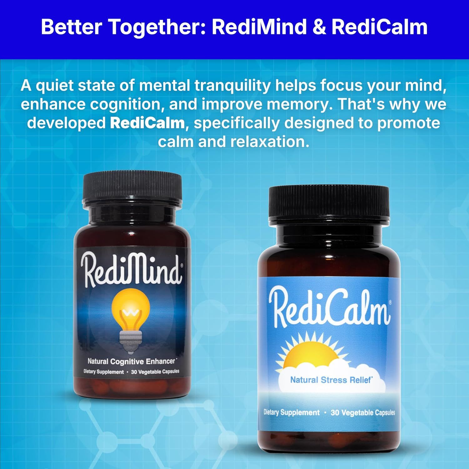 Highlights the complementary benefits of two products working together to improve mental focus and relaxation.