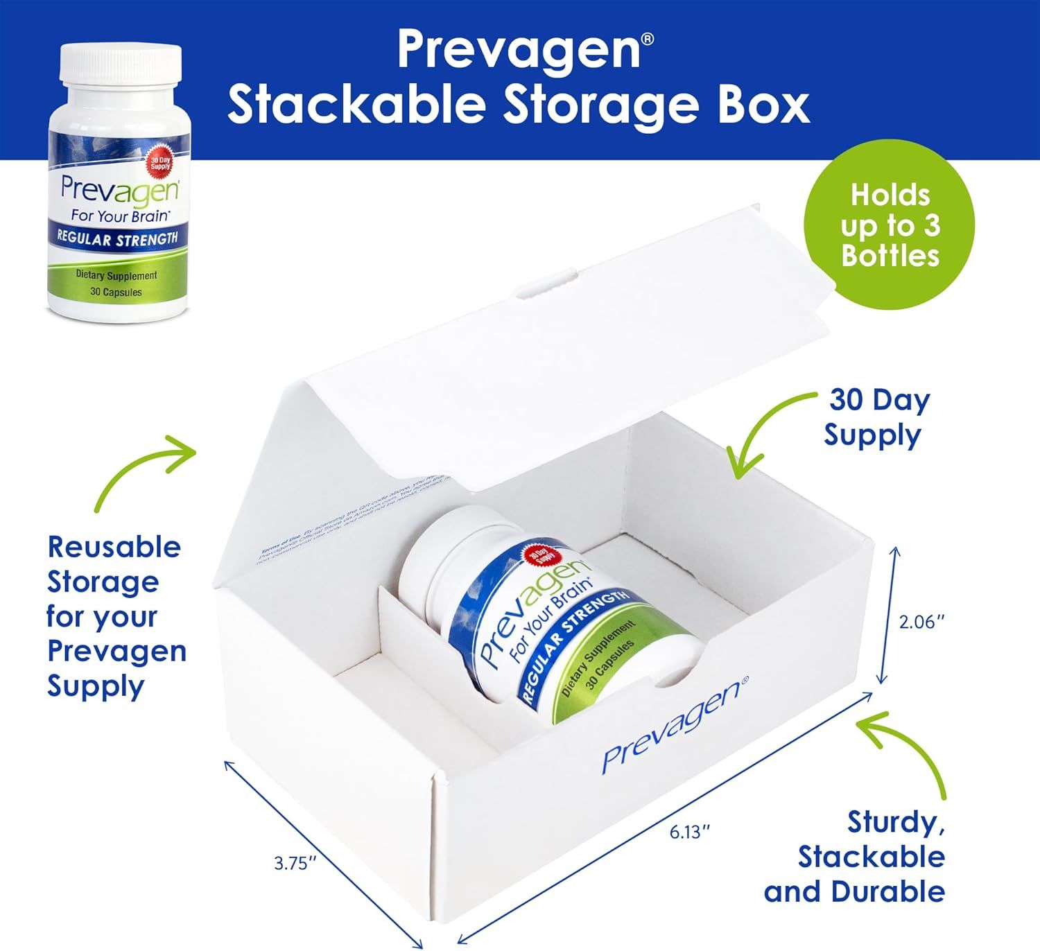 Showcases the included stackable storage box accessory for organizing Prevagen supplement bottles. Highlights multiple benefits of the storage box including capacity, reusability, and stackable…