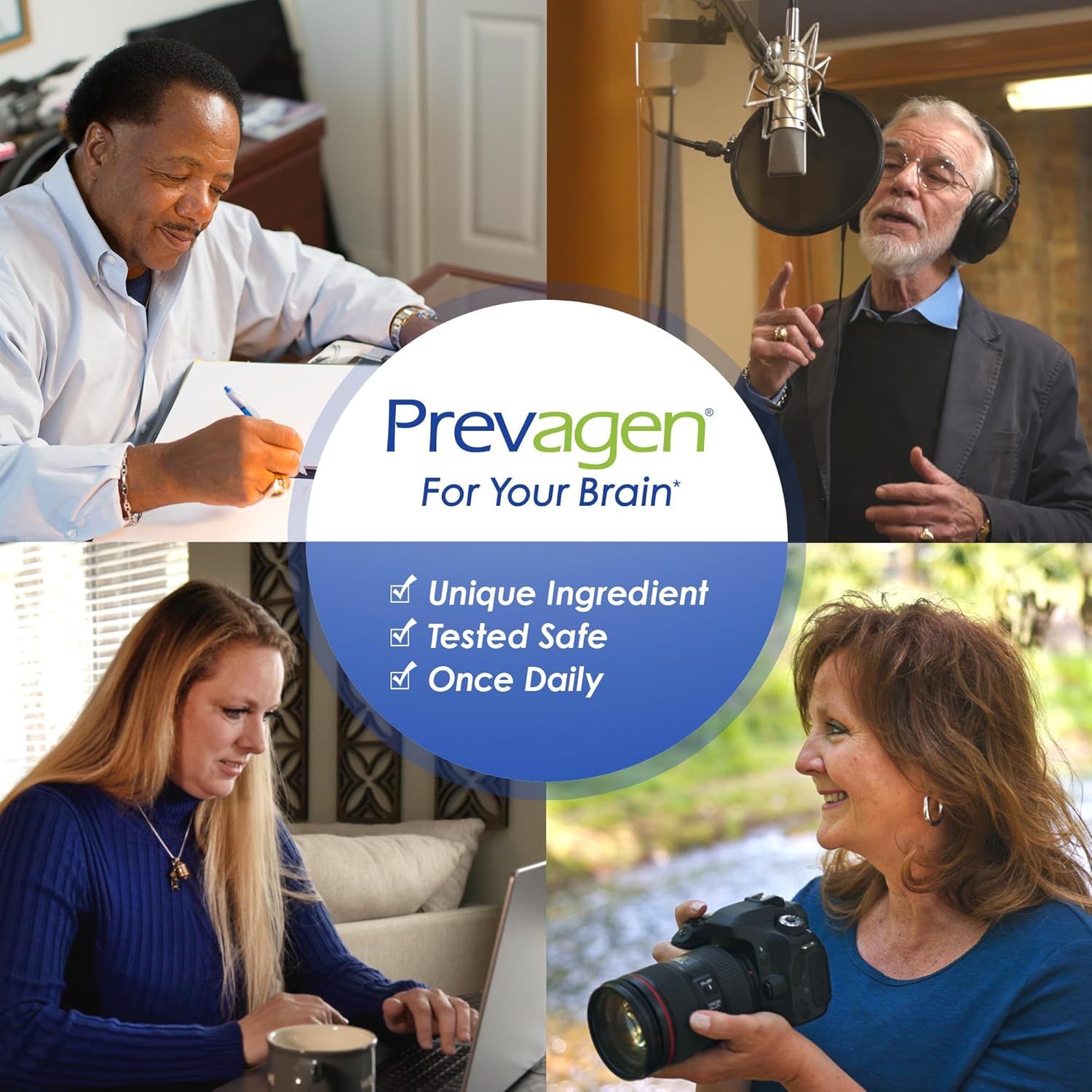 Highlights multiple key benefits of the Prevagen brain supplement to reassure customers of its safety and convenience. Shows diverse people engaged in different activities to demonstrate the…