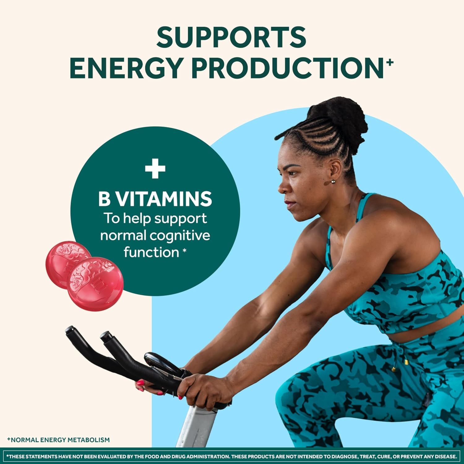 Highlights how the product supports energy production and cognitive function through B vitamins, appealing to health-conscious and active consumers.