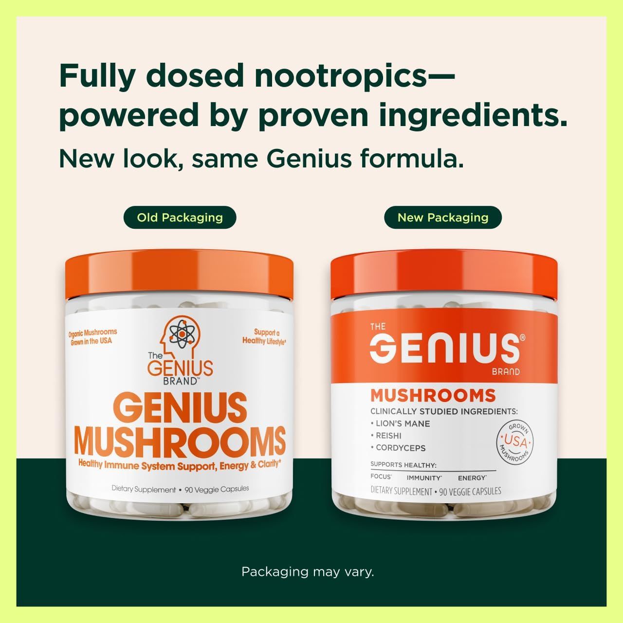 Shows the evolution of the product packaging to reassure customers that while the look has changed, the formula remains the same.