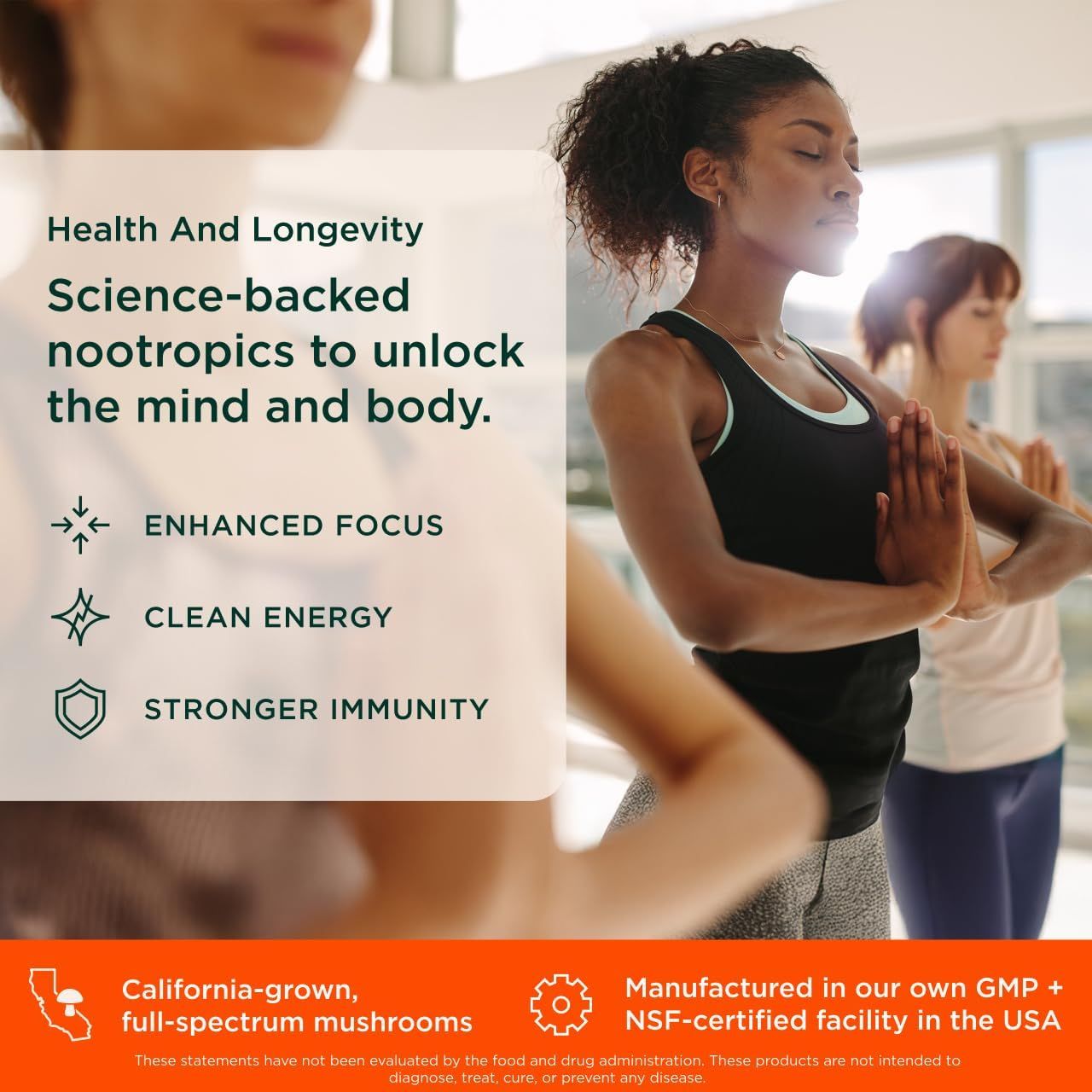 Highlights multiple benefits of the nootropic product to appeal to health-conscious consumers looking for cognitive and physical enhancements.