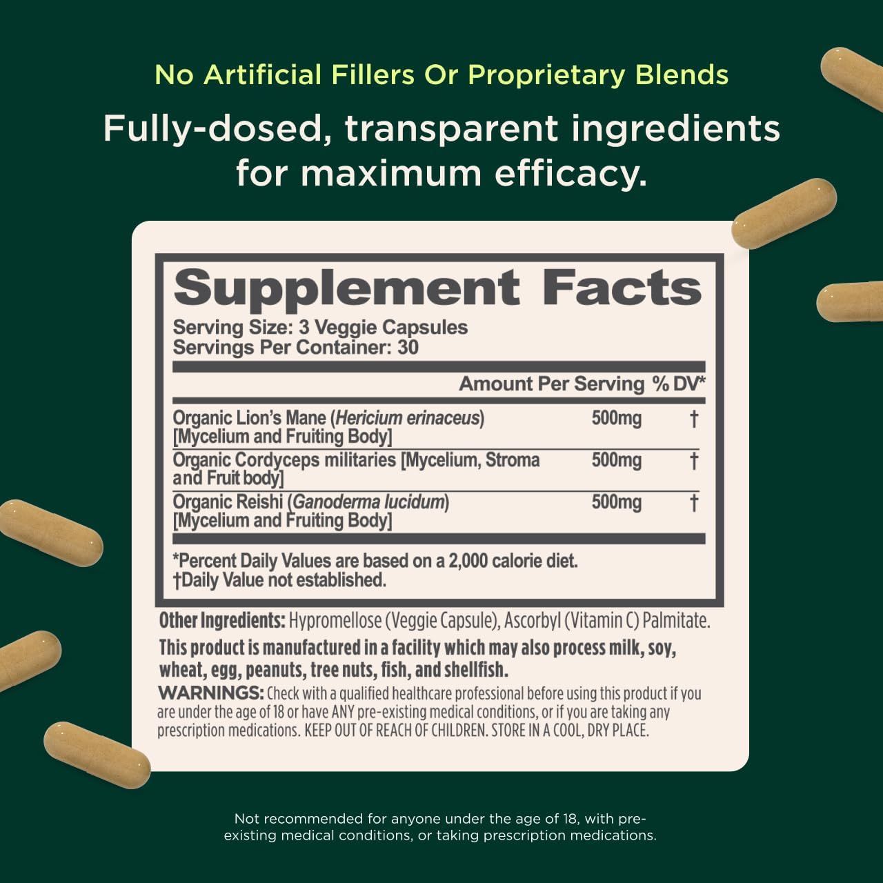 Highlights the product's use of fully-dosed, transparent ingredients without artificial fillers or proprietary blends, emphasizing maximum efficacy. Provides detailed information about the product's…