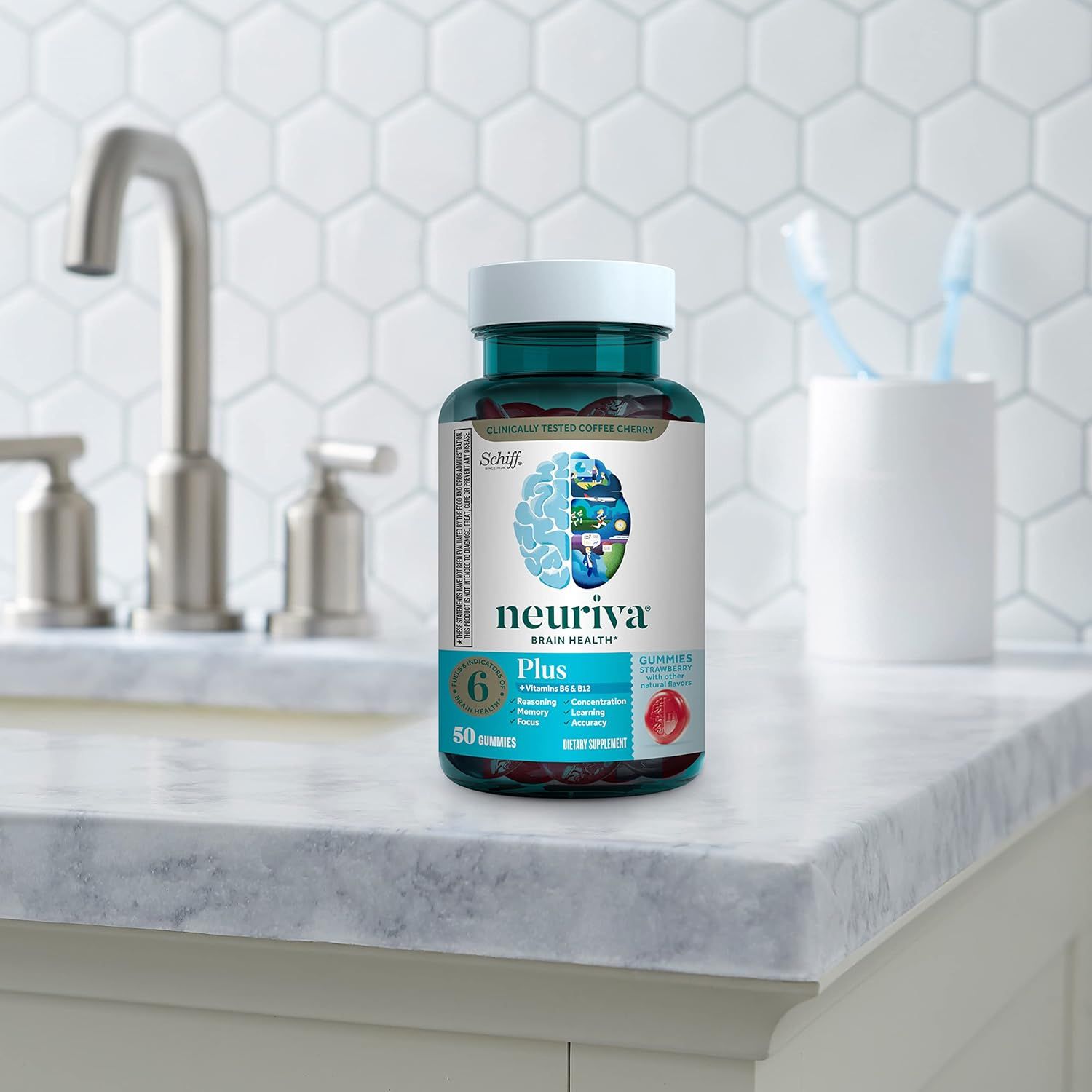 Highlights the product's focus on brain health and cognitive benefits, emphasizing its key feature as a brain health supplement.
