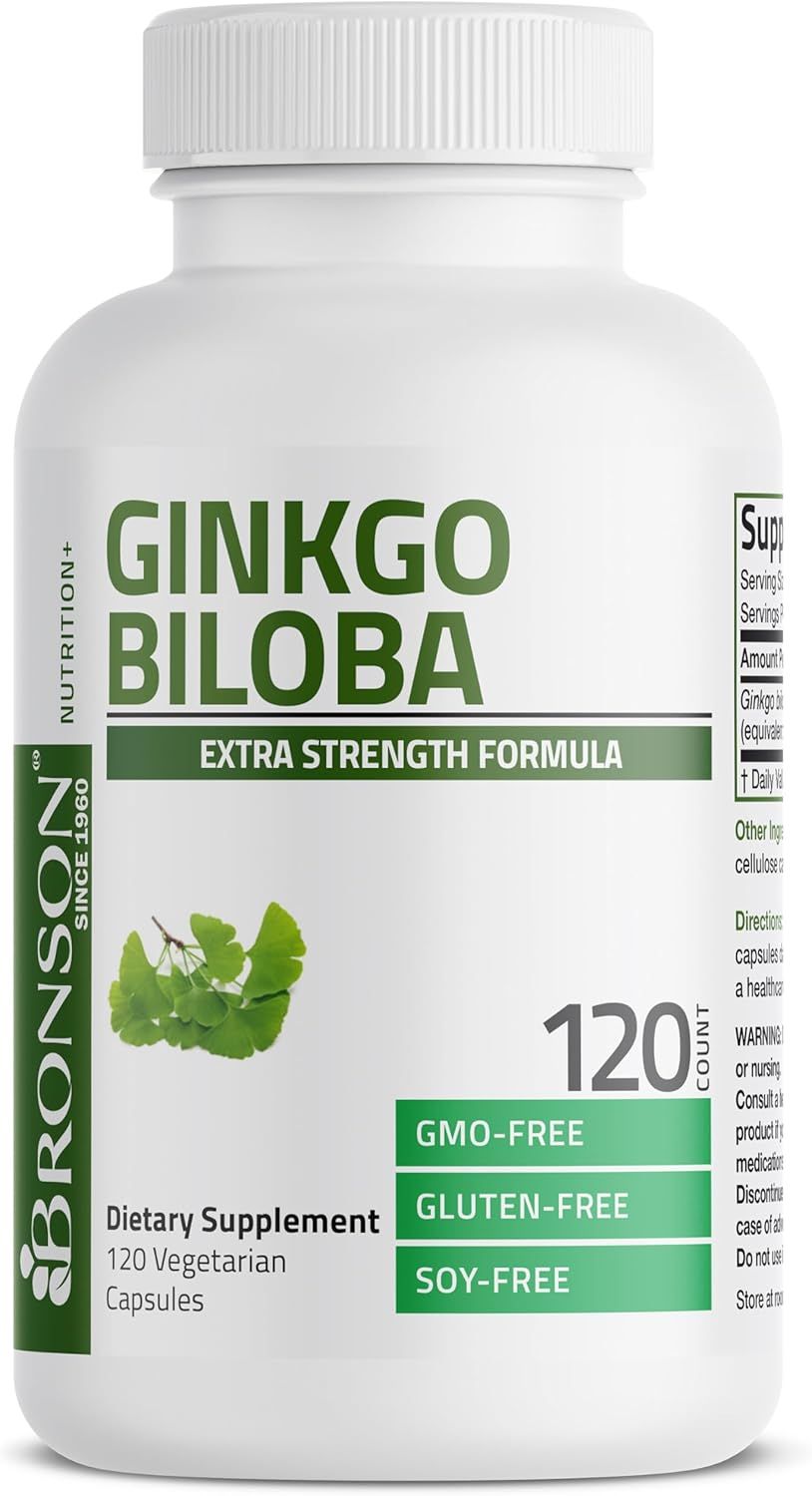 Highlights the potency of the Ginkgo Biloba supplement, emphasizing its extra strength formulation to appeal to consumers seeking a powerful option.