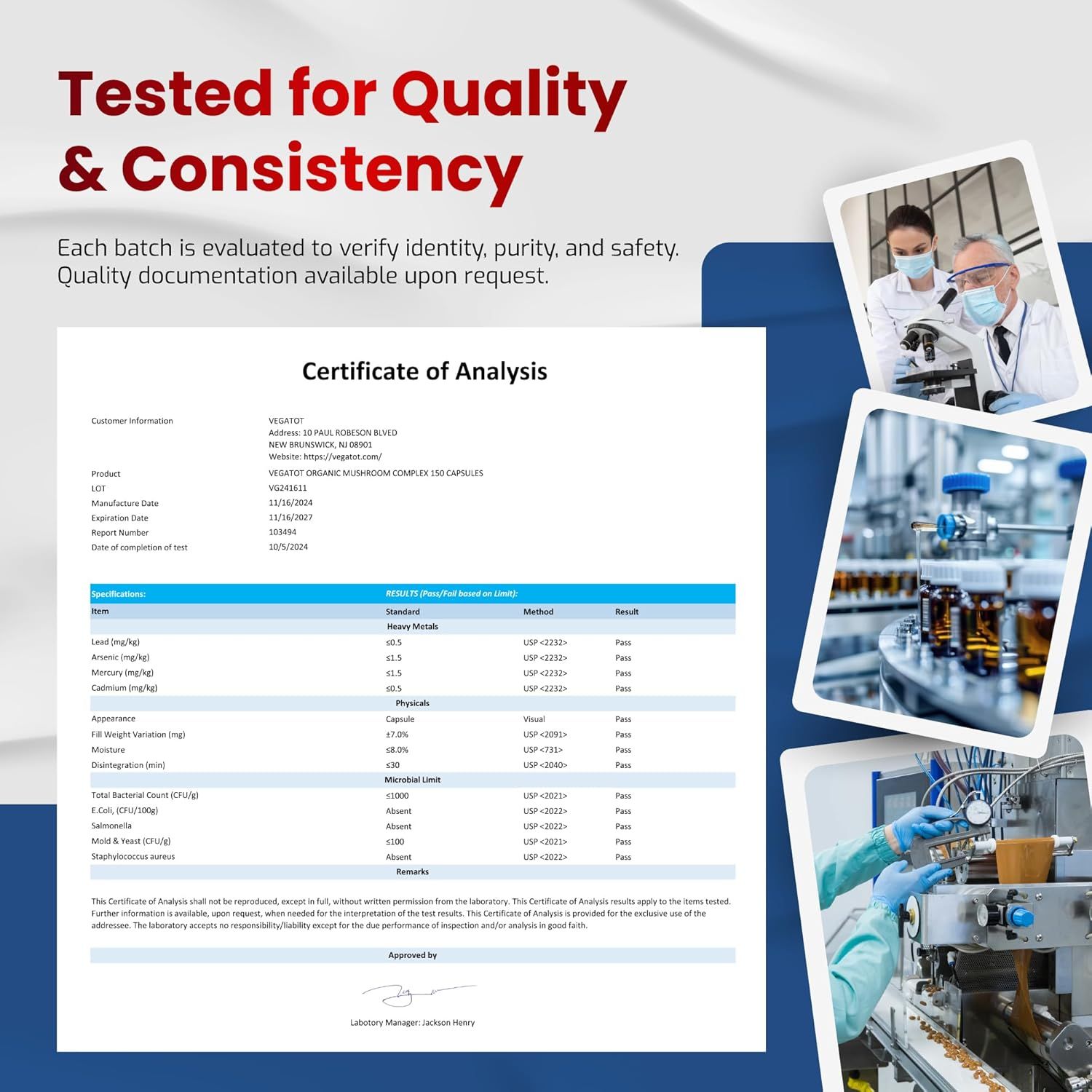 Reassures customers about product quality and safety through rigorous testing and documentation.