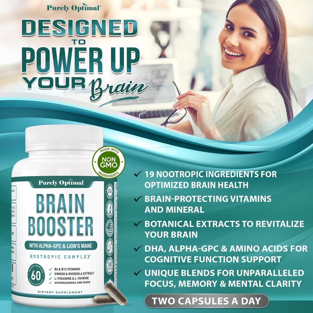 Highlights multiple benefits of the Brain Booster supplement, emphasizing its comprehensive approach to improving brain health and cognitive function.
