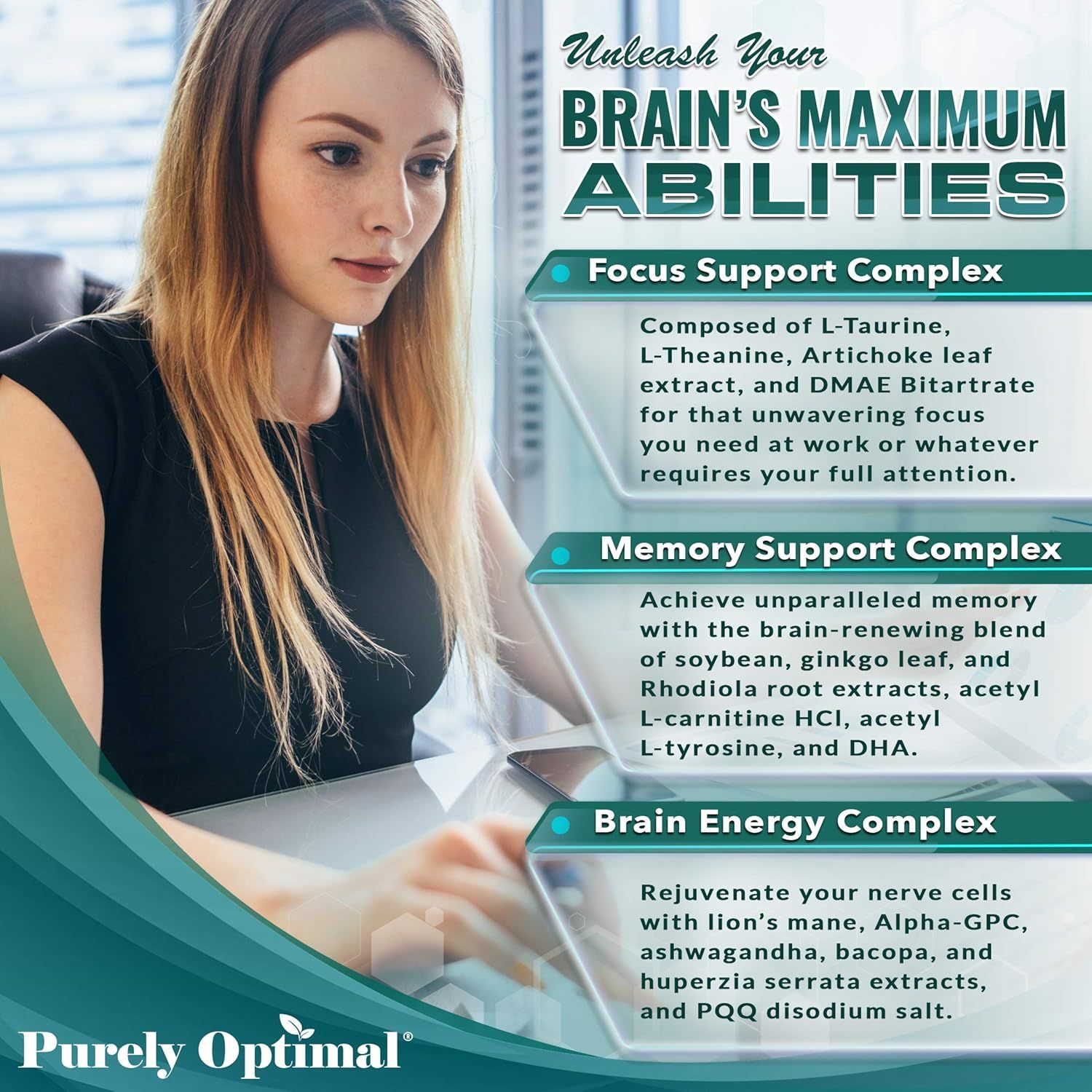 Highlights multiple cognitive benefits of the product, including focus, memory, and brain energy support, to showcase its comprehensive brain-enhancing capabilities.