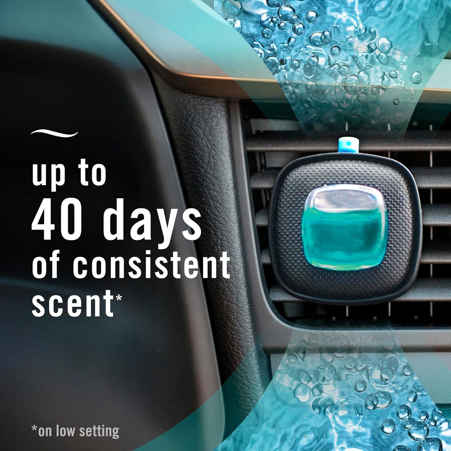 Highlights the product's ability to provide a consistent scent for up to 40 days, emphasizing its long-lasting effectiveness as a car air freshener.