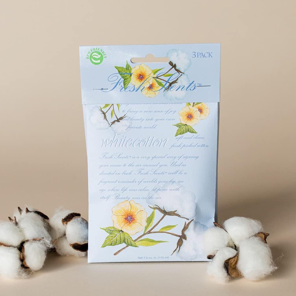 Shows that the product comes in a 3-pack, informing the customer about the quantity included in the purchase. Highlights the specific scent of the product (White Cotton) to appeal to customers…