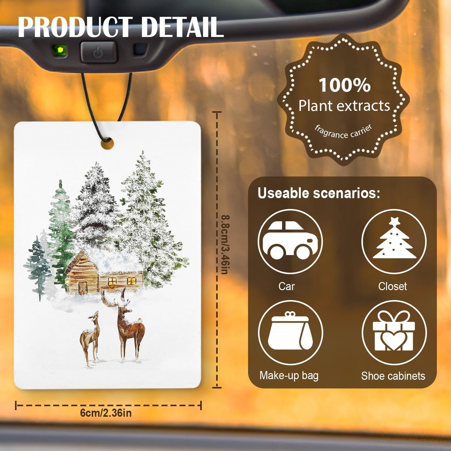 Promotes the product as a seasonal air freshener for winter and Christmas, appealing to customers looking for holiday-themed fragrances. Demonstrates the versatility of the air freshener by showing…