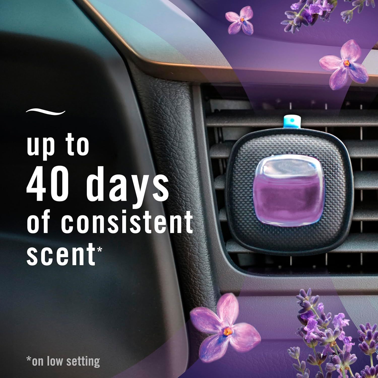 Highlights the product's ability to provide a consistent scent for up to 40 days, emphasizing its long-lasting effectiveness as a car air freshener.