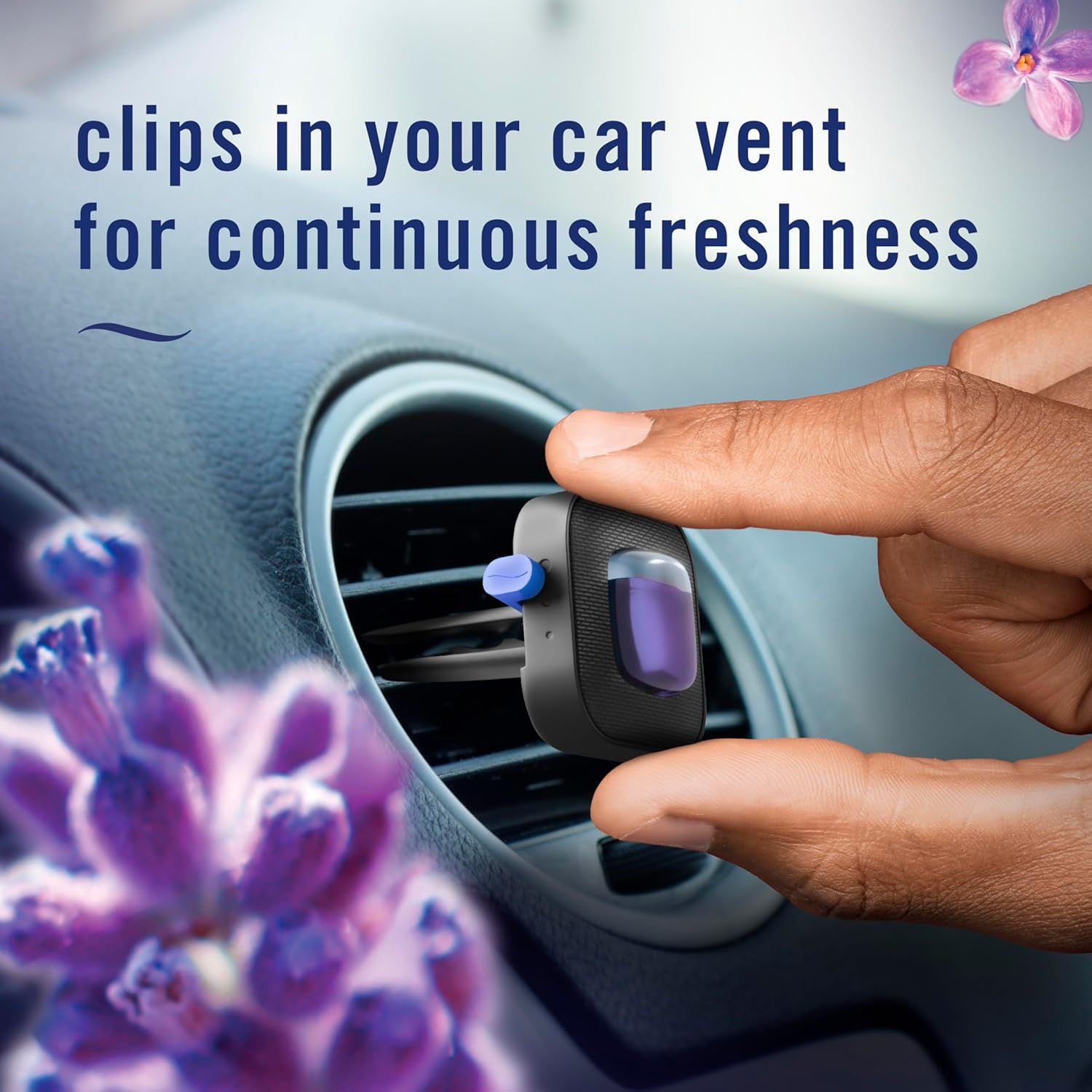 Highlights the product's ability to provide continuous freshness when clipped to a car vent, emphasizing ease of use and effectiveness.