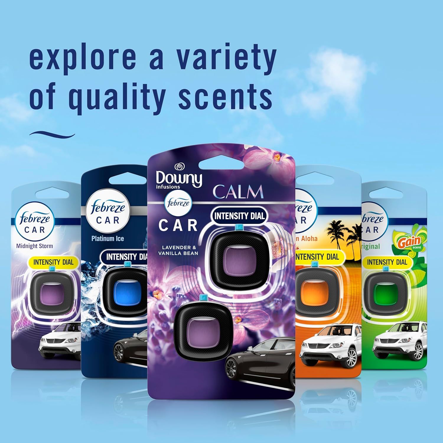 Showcases the range of scent options available for Febreze car air fresheners, highlighting product versatility and appealing to different consumer preferences.
