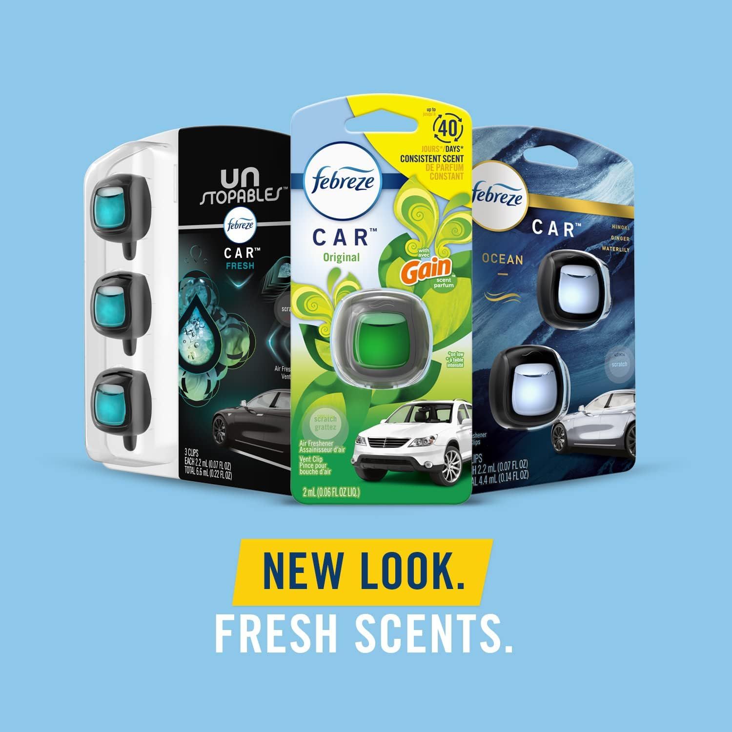 Showcases the new look and variety of fresh scents available in the Febreze Car air freshener product line.