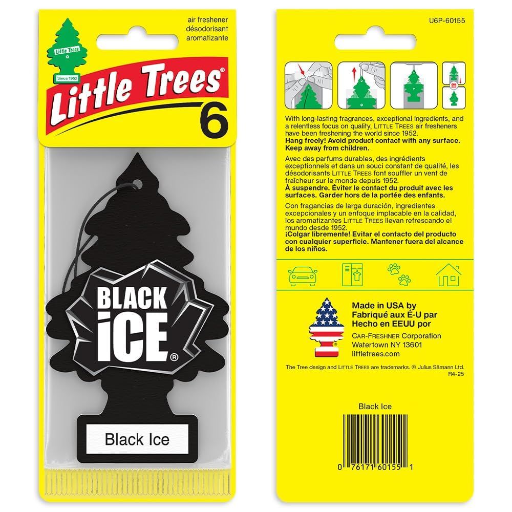 Reinforces the Little Trees brand identity and showcases their Black Ice scent product.